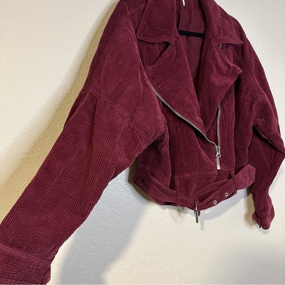 Free People Dolman Corduroy Moto Jacket Asymmetrical Zipper Boho Burgundy - Picture 3 of 9